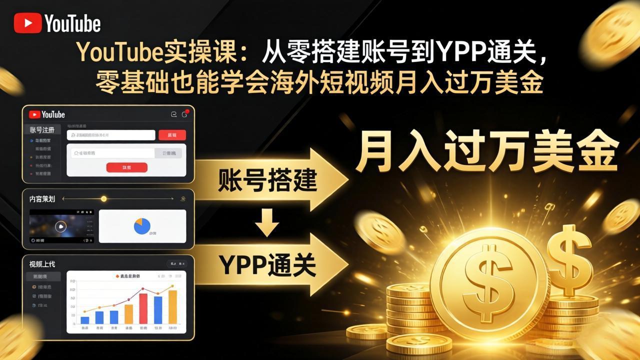YouTube实操课：从零搭建账号到YPP通关，零基础也能学会海外短视频月入过万美金-蓝海云网创