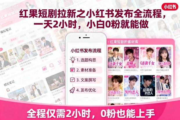 红果短剧拉新之小红书发布全流程，一天2小时，小白0粉就能做-蓝海云网创
