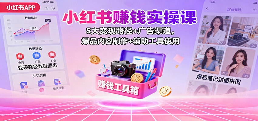 小红书赚钱实操课：5大变现路径+广告渠道，爆品内容制作+辅助工具使用-蓝海云网创