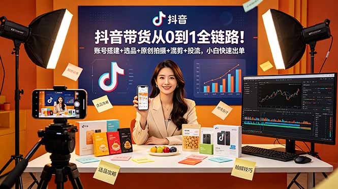 抖音带货从0到1全链路！账号搭建+选品+原创拍摄+混剪+投流，小白快速出单-蓝海云网创