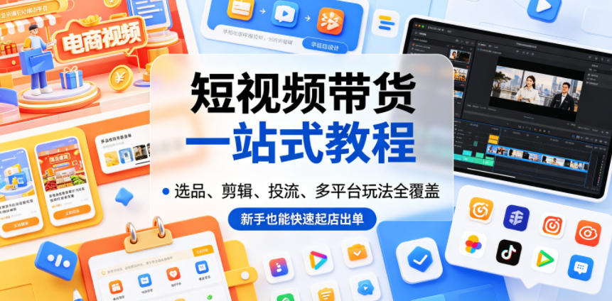 短视频带货一站式教程，选品、剪辑、投流、多平台玩法全覆盖，新手也能快速起店出单-蓝海云网创