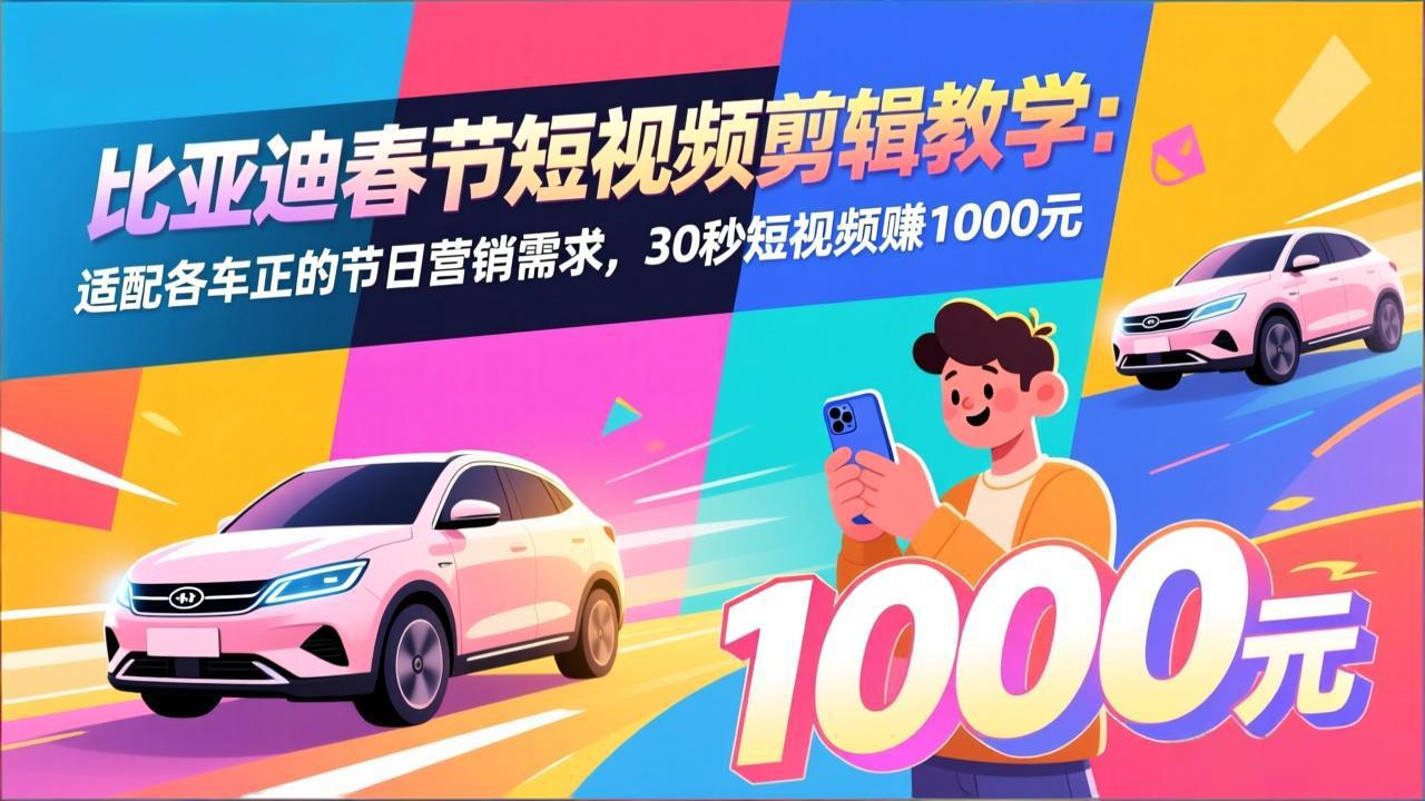 比亚迪春节短视频剪辑教学：适配各车企的节日营销需求，30秒短视频赚1000元-蓝海云网创