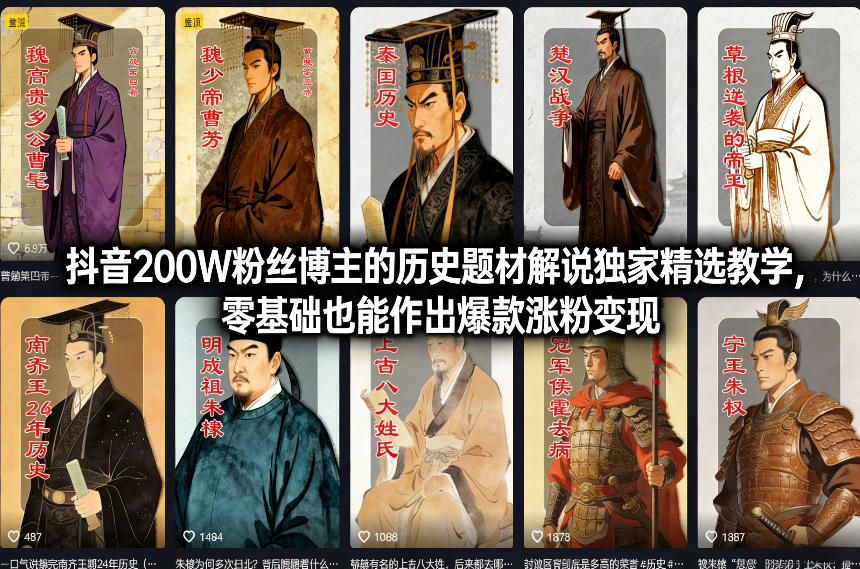 抖音200W粉丝博主的历史题材解说独家精选教学，零基础也能作出爆款涨粉变现-蓝海云网创