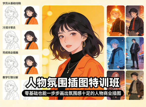 人物氛围插图特训班，零基础也能一步步画出氛围感十足的人物商业插图-蓝海云网创