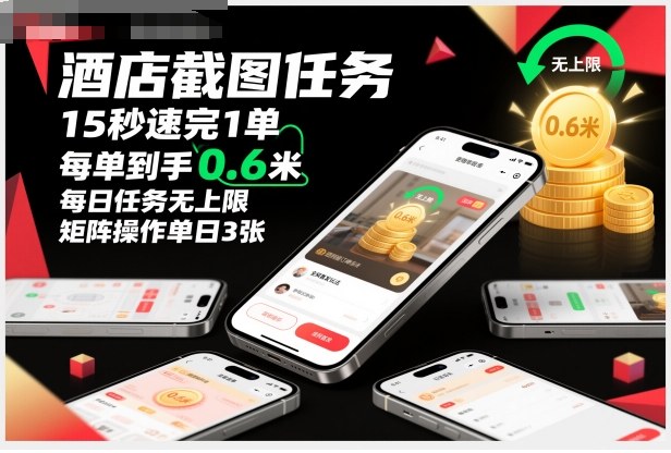酒店截图任务，15秒速完1单，每单到手0.6米，每日任务无上限，全网首发玩法，矩阵操作单日3张【揭秘】-蓝海云网创