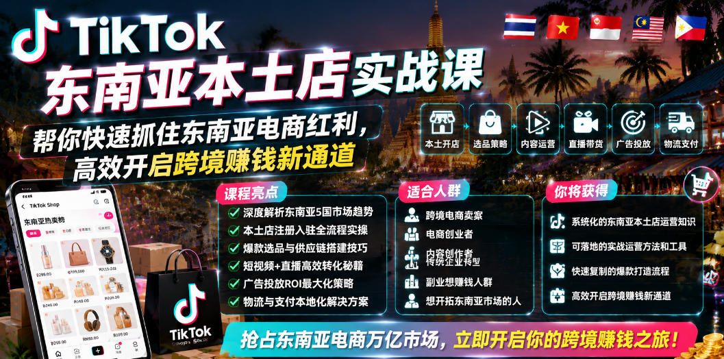 TikTok东南亚本土店实战课，帮你快速抓住东南亚电商红利，高效开启跨境賺钱新通道-蓝海云网创