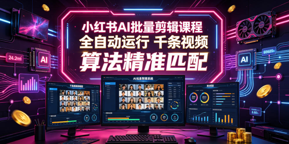小红书AI批量剪辑课程，24小时全自动运行，解放双手专注运营，千条视频批量处理，小红书算法精准匹配-蓝海云网创