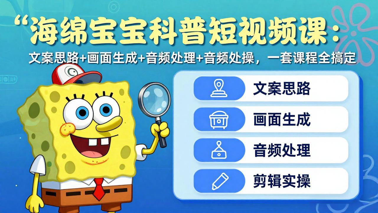 海绵宝宝科普短视频课：文案思路+画面生成+音频处理+剪辑实操，一套课程全搞定-蓝海云网创