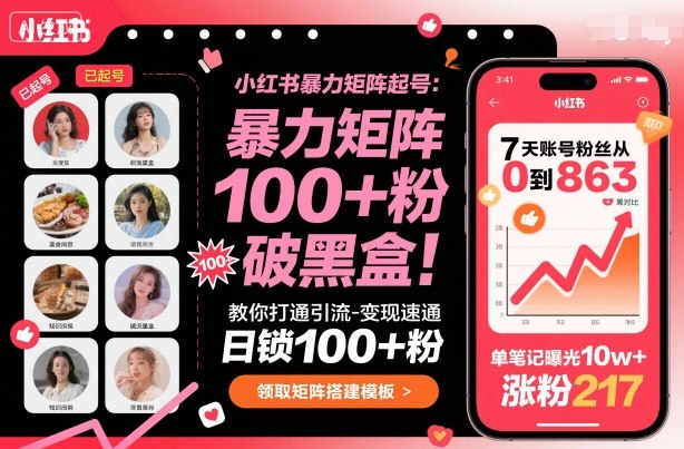 小红书暴力矩阵起号,教你打通引流-变现速通,日锁100+粉,破流量黑盒-蓝海云网创