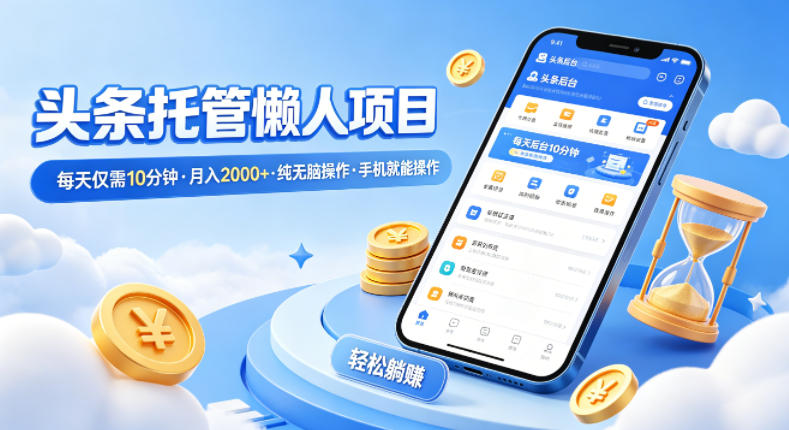 头条托管懒人项目，每天仅需10分钟，月入2000+，纯无脑操作，手机就能操作【揭秘】-蓝海云网创