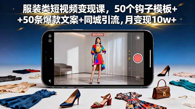 服装类短视频变现课,50个钩子模板+50条爆款文案+同城引流,月变现10w+-蓝海云网创