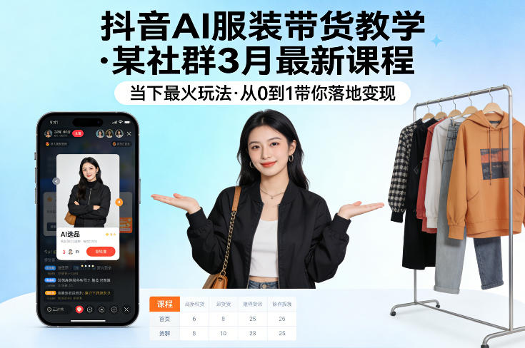 抖音AI服装带货教学，某社群3月最新课程，当下最火玩法，从0到1带你落地变现-蓝海云网创