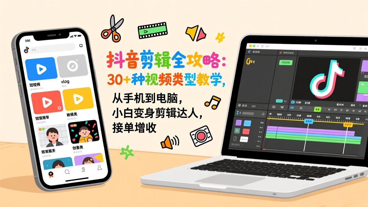 抖音剪辑全攻略：30+种视频类型教学，从手机到电脑，小白变身剪辑达人，接单增收-蓝海云网创