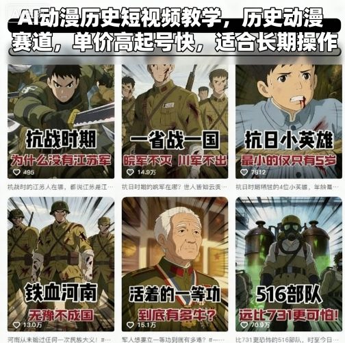 AI动漫历史短视频教学,历史动漫赛道,单价高起号快,适合长期操作-蓝海云网创