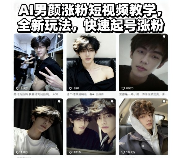 AI男颜涨粉短视频教学，全新玩法，快速起号涨粉-蓝海云网创