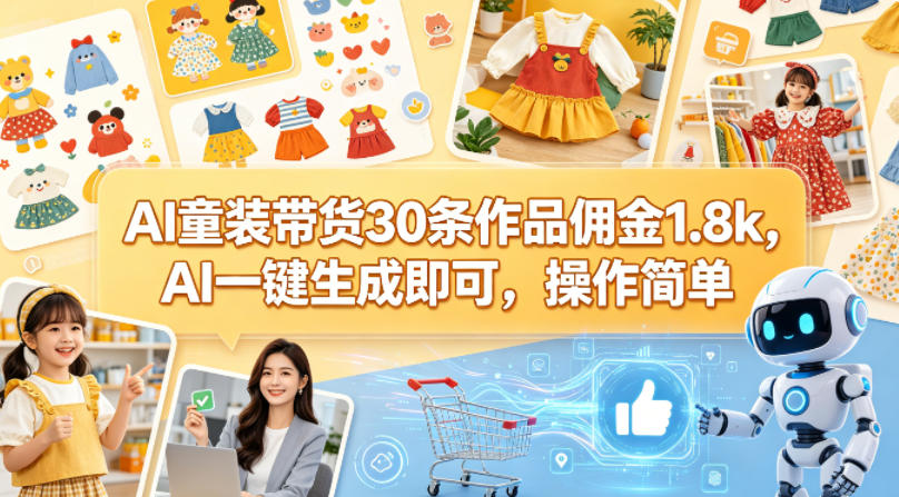 AI童装带货30条作品佣金1.8k，AI一键生成即可，操作简单-蓝海云网创