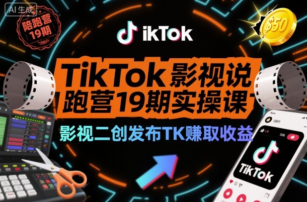 TikTok影视解说陪跑营19期实操课，影视二创发布TK賺取收益，万播收益50美金(更新)-蓝海云网创