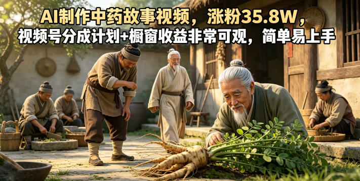 AI制作中药故事视频，涨粉35.8W，视频号分成计划+橱窗收益非常可观，简单易上手-蓝海云网创