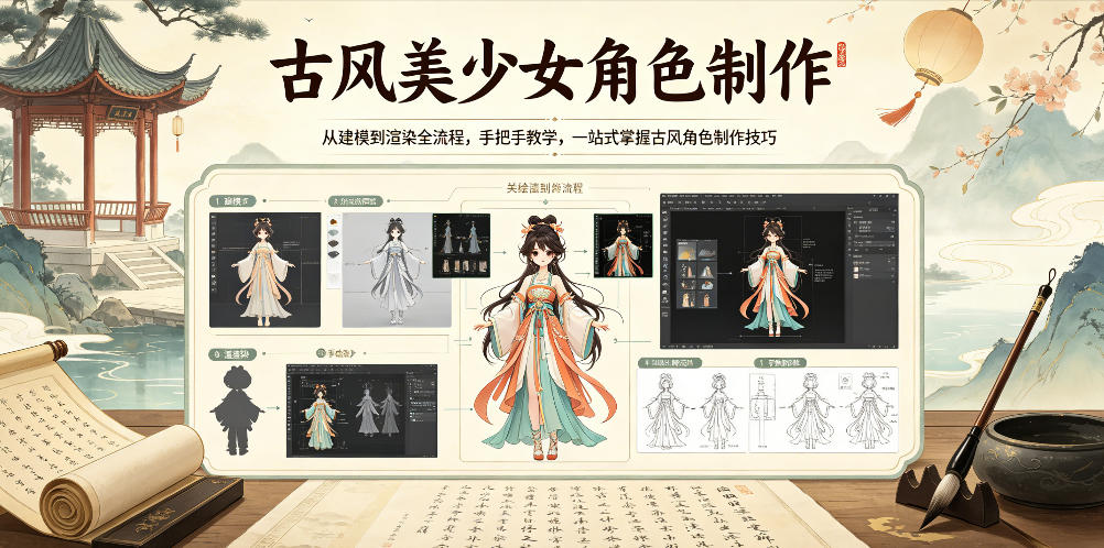 古风美少女角色制作，从建模到渲染全流程，手把手教学，一站式掌握古风角色制作技巧-蓝海云网创