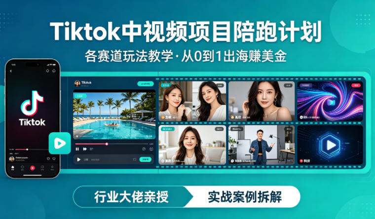 某大佬的Tiktok中视频项目陪跑，涵盖TK各个赛道玩法教学，从0到1出海賺美金-蓝海云网创