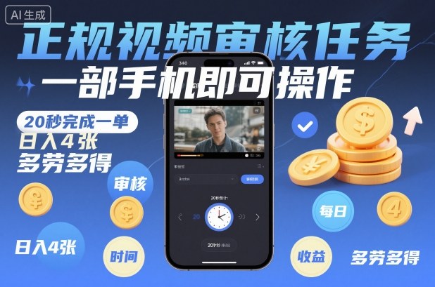 正规视频审核任务，一部手机即可操作，20秒完成一单，日入4张，多劳多得【揭秘】-蓝海云网创