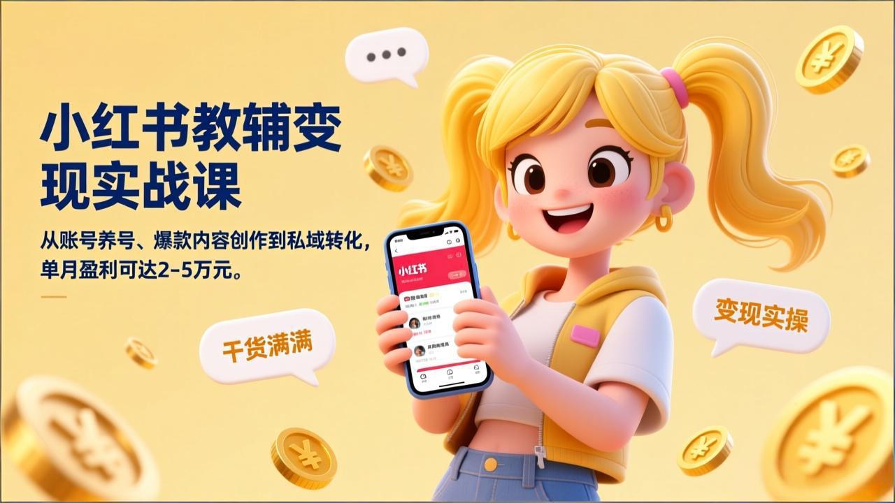 小红书教辅变现实战课，从账号养号、爆款内容创作到私域转化，单月盈利可达2-5万元-蓝海云网创
