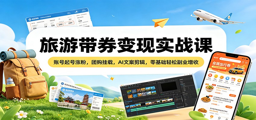 旅游带券变现实战课：账号起号涨粉，团购挂载，AI文案剪辑，零基础轻松副业增收-蓝海云网创