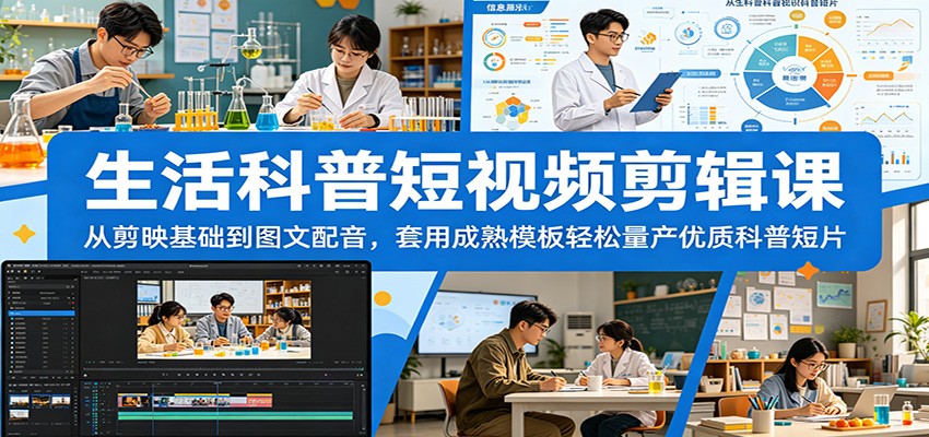 生活科普短视频剪辑课：从剪映基础到图文配音，套用成熟模板轻松量产优质科普短片-蓝海云网创