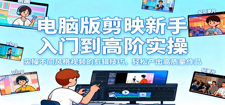 电脑版剪映新手入门到高阶实操,实操不同风格视频的剪辑技巧,轻松产出高质量作品-蓝海云网创