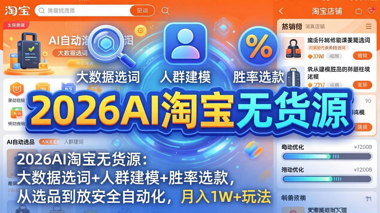 2026AI淘宝无货源-4月更新：大数据选词+人群建模+胜率选款，从选品到放大全自动化，月入1W+玩法-蓝海云网创