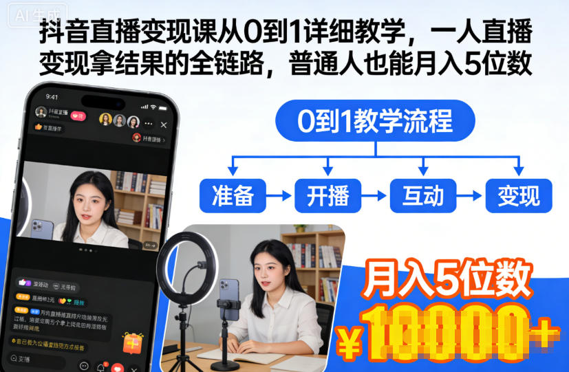 抖音直播变现课从0到1详细教学，一人直播变现拿结果的全链路，普通人也能月入5位数-蓝海云网创