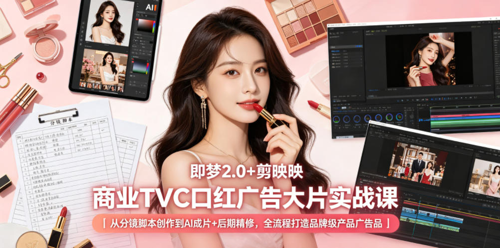 即梦2.0+剪映商业TVC口红广告大片实战课｜从分镜脚本创作到AI成片+后期精修，全流程打造品牌级产品广告-蓝海云网创