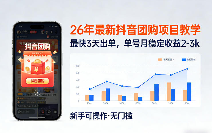26年最新抖音团购项目教学，0门槛，最快3天出单，单号月稳定收益2-3k-蓝海云网创