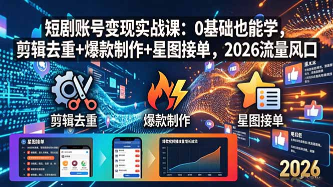 短剧账号变现实战课：0基础也能学，剪辑去重+爆款制作+星图接单，2026流量风口-蓝海云网创