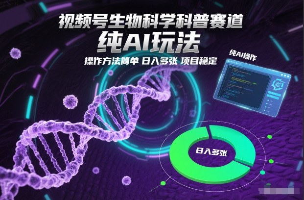 视频号生物科学科普赛道，纯AI玩法，操作方法简单，日入多张，项目稳定-蓝海云网创