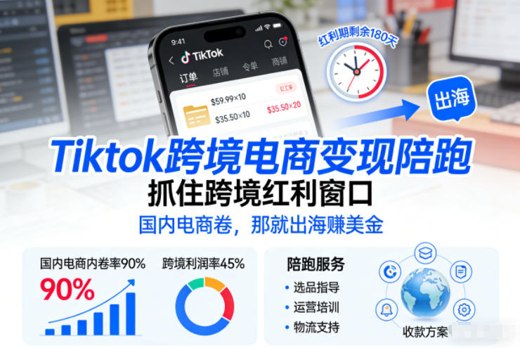 Tiktok跨境电商变现陪跑，抓住跨境红利窗口，国内电商卷，那就出海賺美金-蓝海云网创