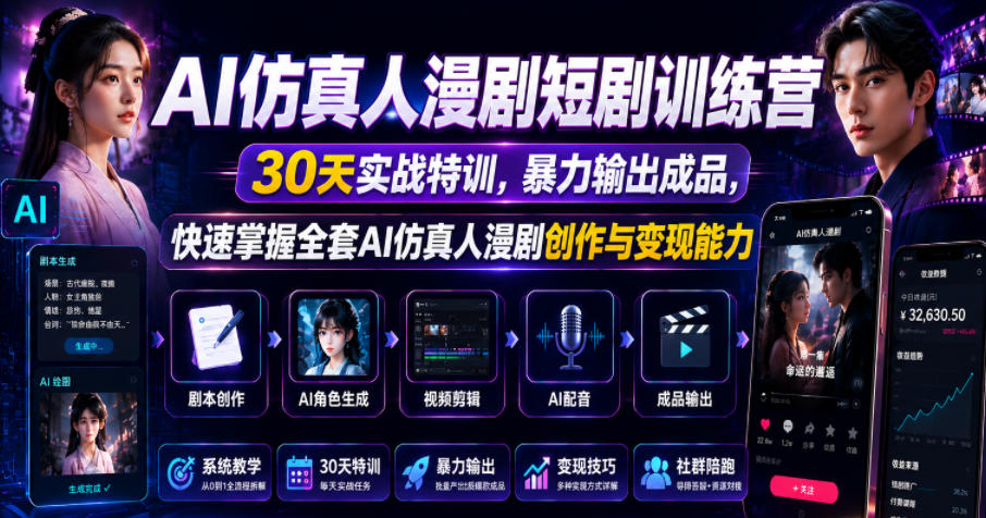 AI仿真人漫剧短剧训练营，30天实战特训，暴力输出成品，快速掌握全套AI仿真人漫剧创作与变现能力-蓝海云网创