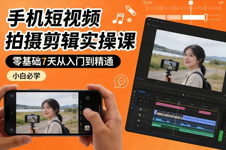 手机短视频拍摄剪辑实操课，零基础7天从入门到精通，小白必学-蓝海云网创