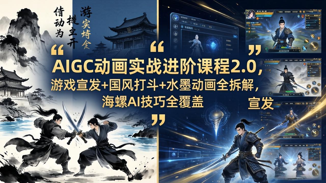 AIGC动画实战进阶课程2.0，游戏宣发+国风打斗+水墨动画全拆解，海螺AI技巧全覆盖-蓝海云网创