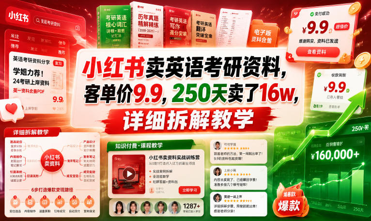 小红书卖英语考研资料，客单价9.9，250天卖了16w，详细拆解教学-蓝海云网创
