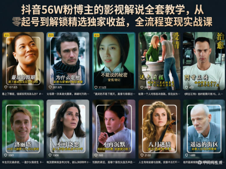 抖音56W粉博主的影视解说全套教学，从零起号到解锁精选独家收益，全流程变现实战课-蓝海云网创