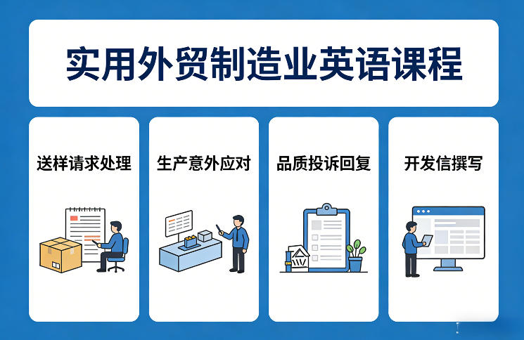 实用外贸制造业英语课程，教你专业处理送样请求、应对生产意外、回复品质投诉、撰写开发信等-蓝海云网创