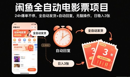 闲鱼全自动电影票项目，24h爆单不停，全自动发货+自动回复，无脑操作，日稳入3张【揭秘】-蓝海云网创