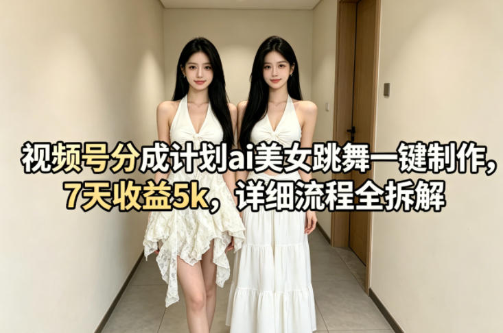 视频号分成计划ai美女跳舞一键制作，7天收益5k，详细流程全拆解-蓝海云网创
