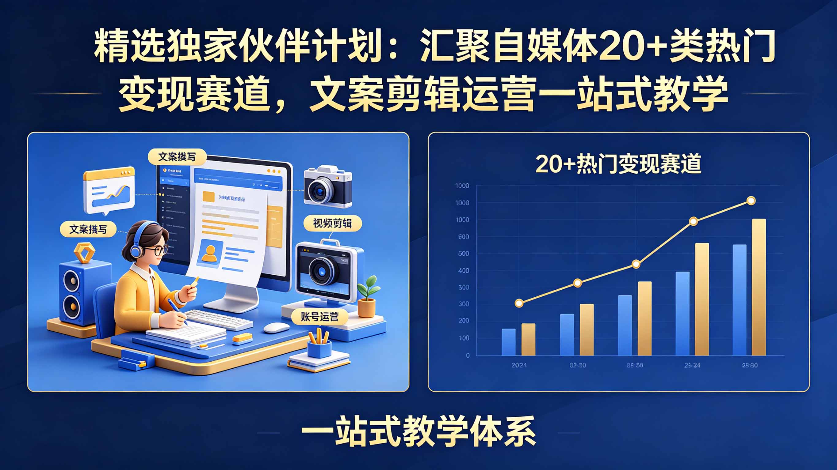 精选独家伙伴计划：汇聚自媒体20+类热门变现赛道，文案剪辑运营一站式教学-蓝海云网创