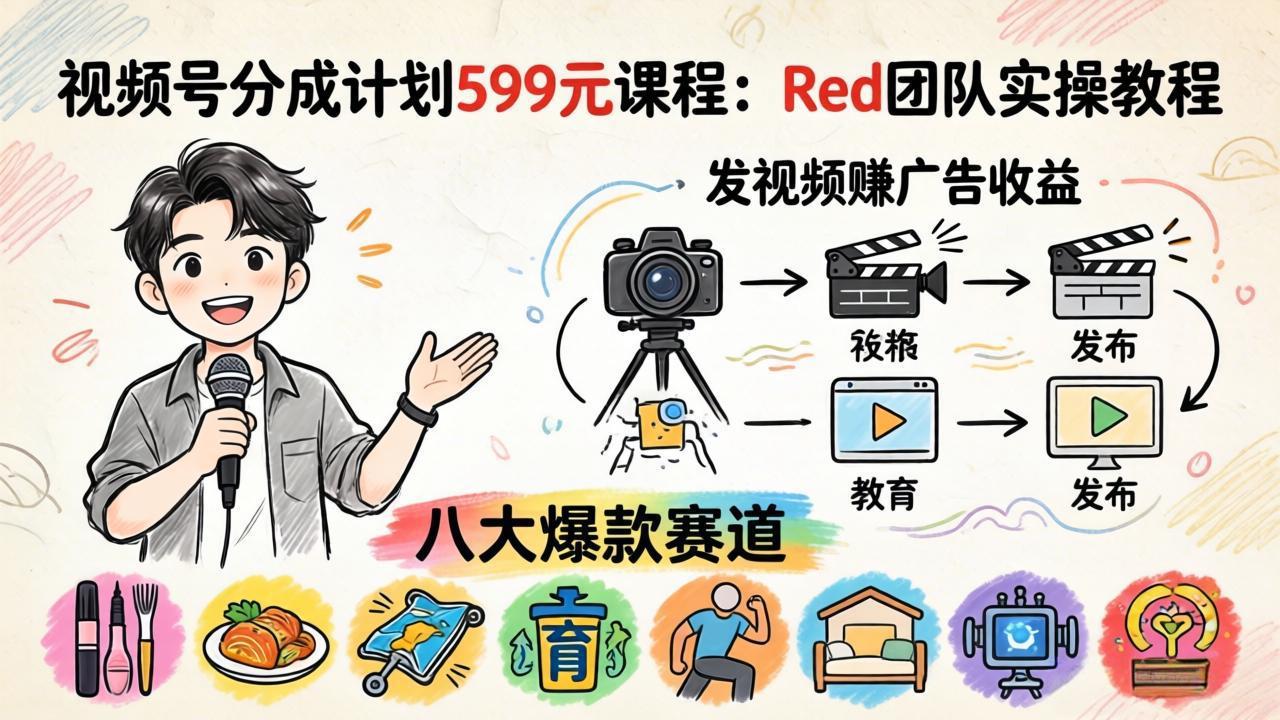视频号分成计划599元课程：Red团队实操教程，发视频赚广告收益，八大爆款赛道全掌握-蓝海云网创