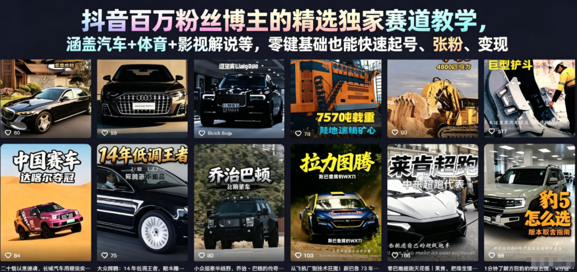 抖音百万粉丝博主的精选独家赛道教学，涵盖汽车+体育+影视解说等，零基础也能快速起号、涨粉、变现-蓝海云网创