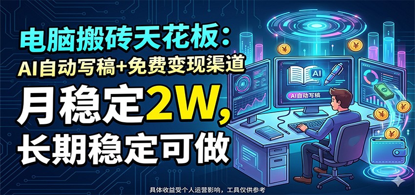 电脑搬砖天花板：AI自动写稿+免费变现渠道，月稳定2W，长期稳定可做-蓝海云网创