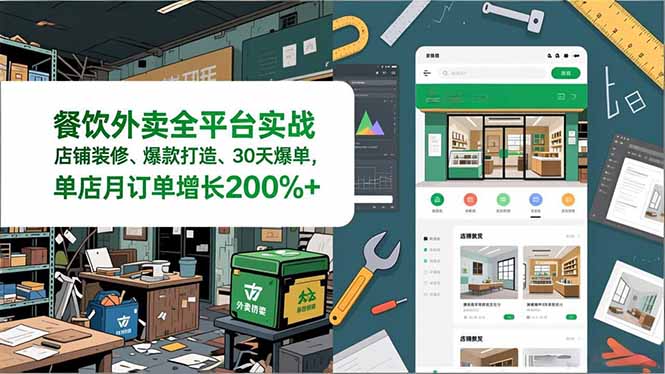 餐饮外卖全平台实战，店铺装修、爆款打造、30天爆单，手把手教学，单店月订单增长200%+-蓝海云网创