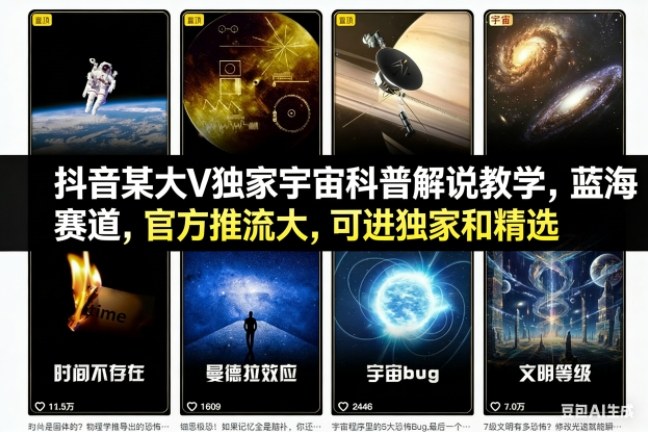 抖音某大V独家宇宙科普解说教学，蓝海赛道，官方推流大，可进独家和精选-蓝海云网创